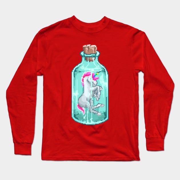 Mini unicorn in bottle glass pixel Long Sleeve T-Shirt by Mako Design 